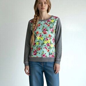 NWT Kensie Floral Sweatshirt Sz.M Cotton Grey Green Cottage Lounge Dopamine